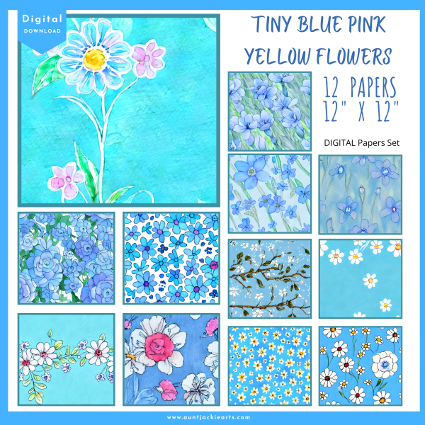 Pastel Watercolor, Blue Flowers, Digital Papers Set, Pack of 12, 12x12, PNG , JPG Format, Background, Digital Download, Ephemera, Printable - Image 2