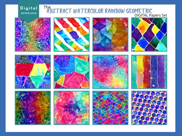 DIGITAL PAPER Bundle - Set 001 - Abstract Watercolor Rainbow Geometric - Papers Pack 12 - 12x12 - jpg png - Abstract - Image 2