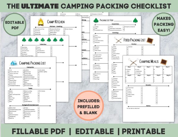 Camping Planner Checklist, Camping Packing List, Editable, Camp Packing List, Camping Checklists, Camping Meal Planner