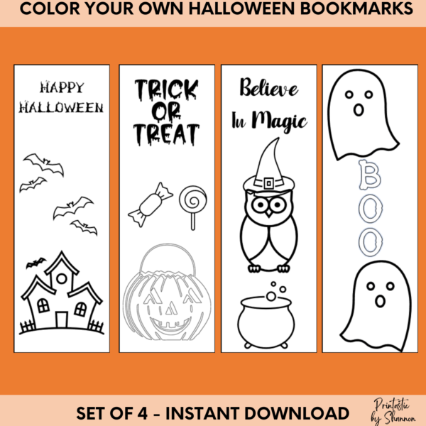 Halloween Color Your Own Bookmarks, Set of 4, Printable, Digital Download