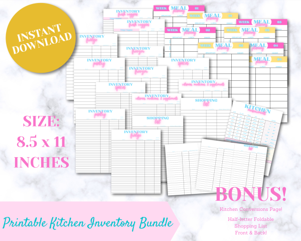 Kitchen Inventory Bundle, Inventory Tracker, Inventory List, Kitchen Organizer, Printable Grocery Shopping List, Meal Planning