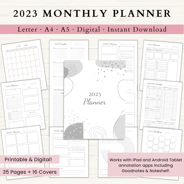 2023 Monthly Planner Bundle | Monthly Planner Printable | Daily Planner | Weekly Planner | US Letter | A4 | A5 | Printable Planner | Digital Planner