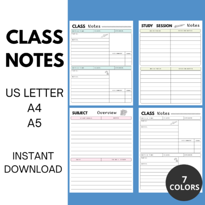 Class Notes Template, Printable Study Session, Subject Overview Pages