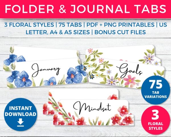 Floral Planner, Folder & Journal Tabs Printable