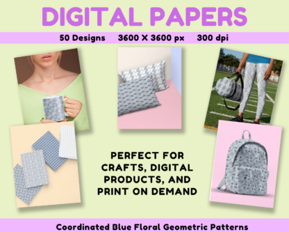 70+ Geometric Floral Digital Papers - Blue and Gray Seamless Patterns - Image 2