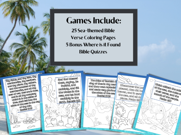 25 Sea Themed Bible Verse Printable Scripture Coloring Pages and 4 Bonus Where is it Found Bible Quiz - Image 2