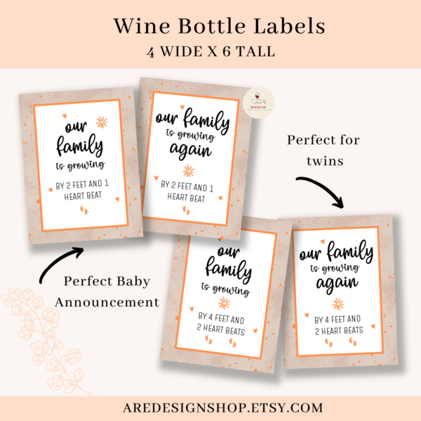 Pregnancy Announcement Wine Labels, New Baby Gift for Grandparents, Twin Announcement Wine Bottle Bundle, Our Family is Growing Sticky Labels - Image 2