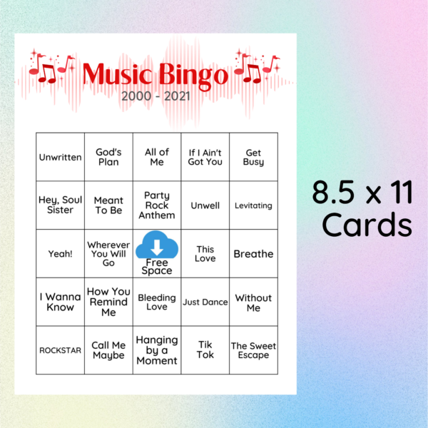 Music Bingo with songs from 2000-2021, Singo Bingo Cards, Bingo Game - Image 2