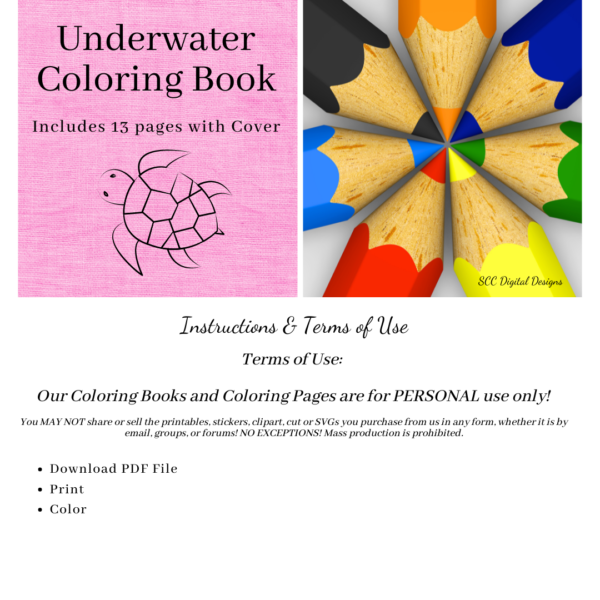 Underwater Sea Life 13 Page Printable Coloring Book, Fish, Mermaid, Turtle, Coral, Castle, Home School & Teacher Resources, Fun and Educational, Print at Home Kid's Color Pages (Copy) - Image 3