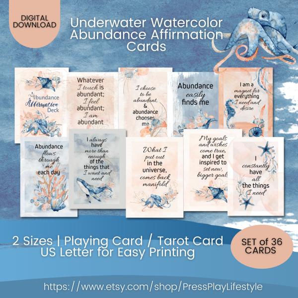 PRINTABLE CARD Deck - Underwater Watercolor - Abundance Affirmation Cards - Tarot Sized & Playing Card Size - US Letter - Digital Download - Image 2