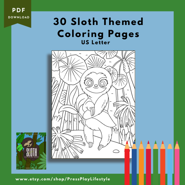 PRINTABLE COLORING Page Set - Adorable Sloth Coloring Pages, 30 Pages, US Letter, Sleeping Sloth, Swimming Sloth, Momma and Baby Sloth - Image 3