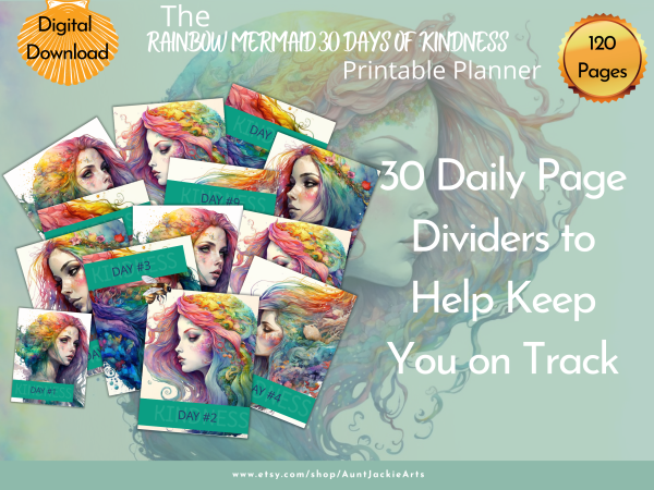 Undated Print PLANNER, Mermaid Rainbow - 30 Days of Kindness Planner, Daily Start Monday, Daily Start Sunday, Reflections Pages, US Letter - Image 2