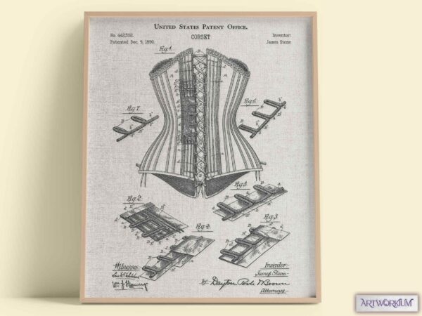 Set of 6 Fashion and Clothing Patent Prints. Grey Linen Cloth Background Version - Set of 6 Beautiful 1800s and 1900s Vintage Wall Art - Image 2