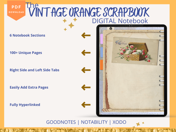 Vintage Orange DIGITAL NOTEBOOK, Goodnotes, Notability, Xodo, iPad Notebook, Digital Scrapbooks, 6 Sections, Vintage Scrapbook, Flowers - Image 2