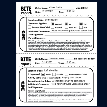 BITE REPORT- Daycare Printable Child Biting Incident Report, Preschool Biting Form, Child Care Biting Notice - Image 2