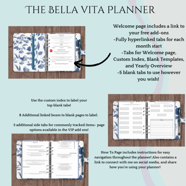 Bella Vita Digital Planner Blue Floral- Available in Sunday/Monday Start, Dated/Undated Options, INSTANT DOWNLOAD for use in GoodNotes 5, Zinnia, ZoomNotes - Image 2