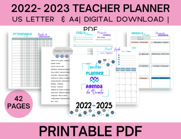 Teacher Planner 2022-2023 English Spanish Printable