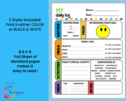 Daycare Daily Log Printable Report Tracker for Pre-K - Image 2