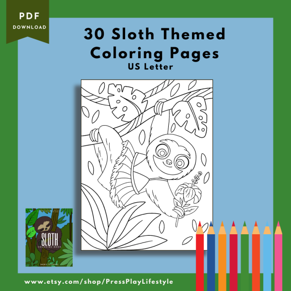 PRINTABLE COLORING Page Set - Adorable Sloth Coloring Pages, 30 Pages, US Letter, Sleeping Sloth, Swimming Sloth, Momma and Baby Sloth - Image 4