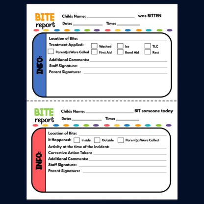 BITE REPORT- Daycare Printable Child Biting Incident Report, Preschool Biting Form, Child Care Biting Notice - Image 4