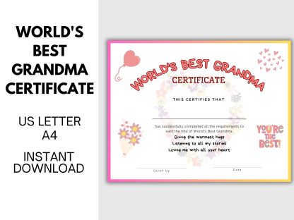 World’s Best Grandma Printable Certificate for Grandparents Day, Mother's Day Gift, award for Grandma for birthday - Image 2