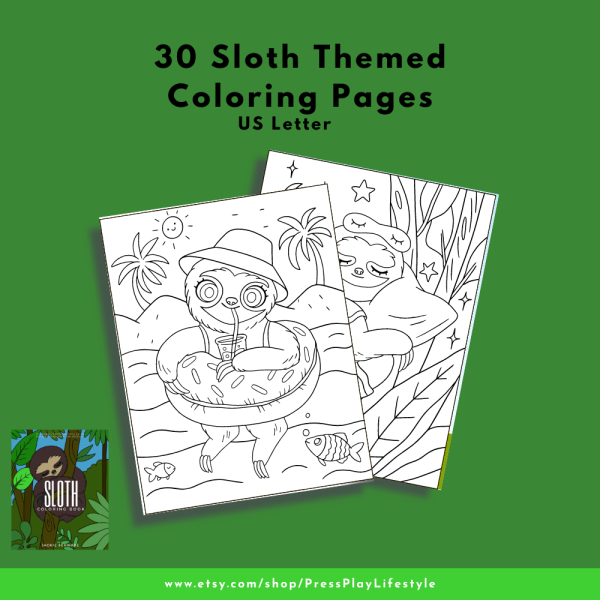 PRINTABLE COLORING Page Set - Adorable Sloth Coloring Pages, 30 Pages, US Letter, Sleeping Sloth, Swimming Sloth, Momma and Baby Sloth - Image 5