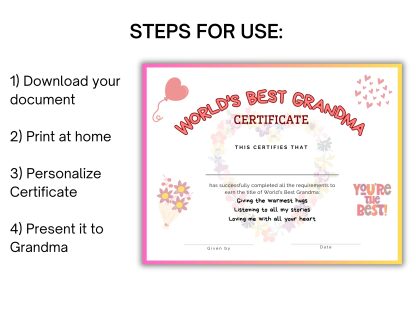 World’s Best Grandma Printable Certificate for Grandparents Day, Mother's Day Gift, award for Grandma for birthday - Image 3