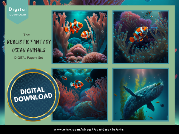 DIGITAL PAPER Bundle - Set 003 - Realistic Fantasy Ocean Animals - Papers Pack 12 - 12x12 - jpg png - 5000px Abstract - Image 4