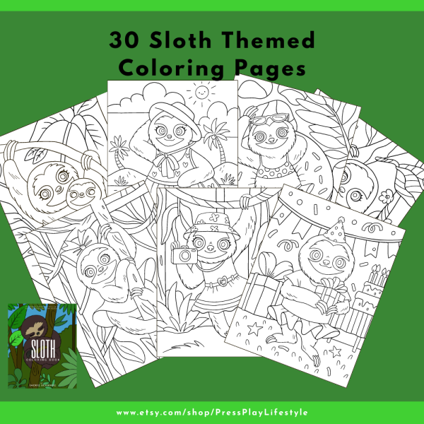 PRINTABLE COLORING Page Set - Adorable Sloth Coloring Pages, 30 Pages, US Letter, Sleeping Sloth, Swimming Sloth, Momma and Baby Sloth - Image 6