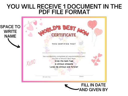 World’s Best Mom Certificate Printable for Mother's Day Gift, award for Mom, Step mom or bonus mom for birthday - Image 6