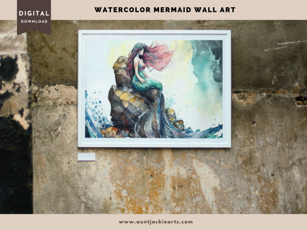 Digital WALL ART - Pretty Watercolor Mermaid on a Rock in the Ocean - pdf, jpg - 5 Aspect Ratios / Sizes - Bonuses - Image 5