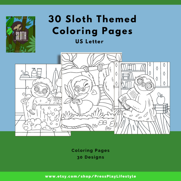 PRINTABLE COLORING Page Set - Adorable Sloth Coloring Pages, 30 Pages, US Letter, Sleeping Sloth, Swimming Sloth, Momma and Baby Sloth - Image 7