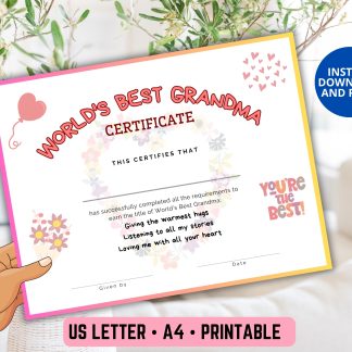 World’s Best Grandma Printable Certificate for Grandparents Day, Mother's Day Gift, award for Grandma for birthday