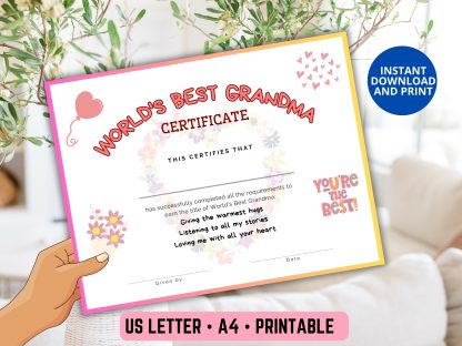 World’s Best Grandma Printable Certificate for Grandparents Day, Mother's Day Gift, award for Grandma for birthday