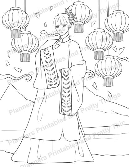 aMazing Adult colouring Chinese Ladies printable digital download for grownups and teens colouring pages book - Image 10