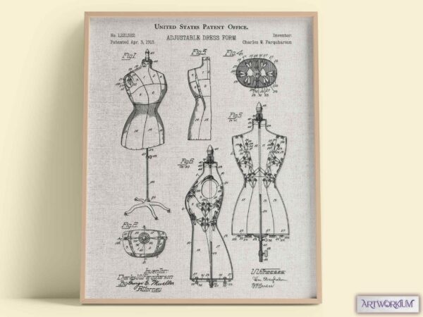 Set of 6 Fashion and Clothing Patent Prints. Grey Linen Cloth Background Version - Set of 6 Beautiful 1800s and 1900s Vintage Wall Art - Image 9