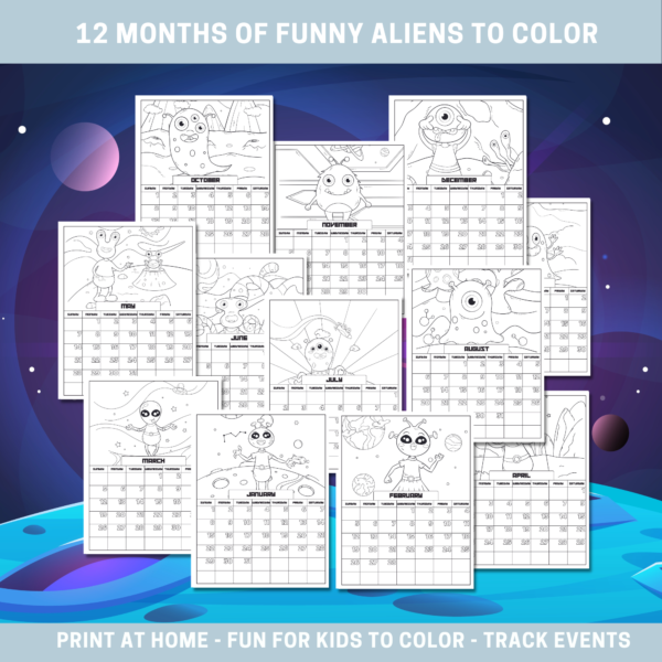 2023 Funny Alien Coloring Calendar - Sunday Start - Image 3