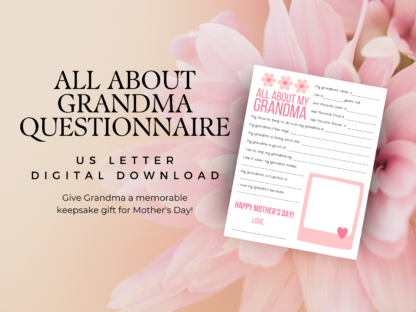 All About Grandma Questionnaire Pink, Mother's Day Printable Gift for Grandmother