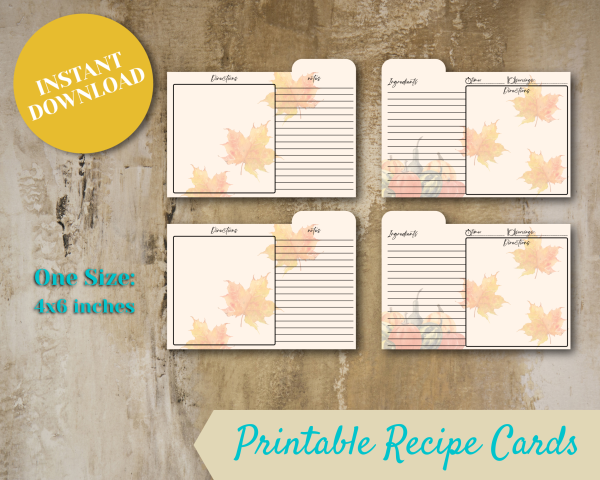 Autumn Recipe Cards - Printable Recipe Cards, Fall Themed 4x6 inches, Top Tab