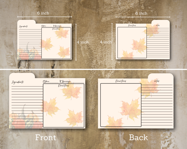 Autumn Recipe Cards - Printable Recipe Cards, Fall Themed 4x6 inches, Top Tab - Image 2