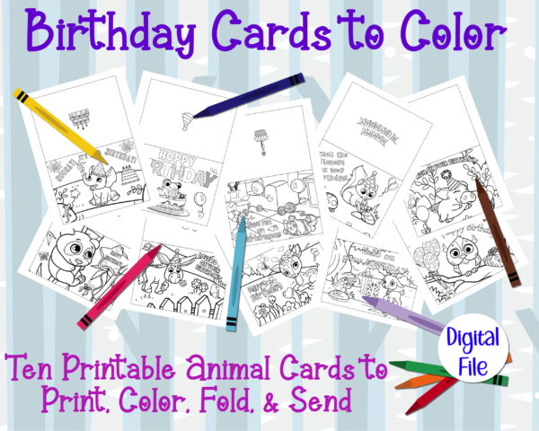 Birthday Printable Cards - 10 Coloring Animal Cards for Kids to Color - Cute Happy Birthday Cards - DIY Color Your Own Unique Cards - Image 2