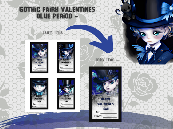 PRINTABLE Valentine's Day Cards - Valentines Gothic Fairy Blue Period - 2.5 x 3.5 | All Boy Characters - PDF US Letter - 12 Cards - Image 4