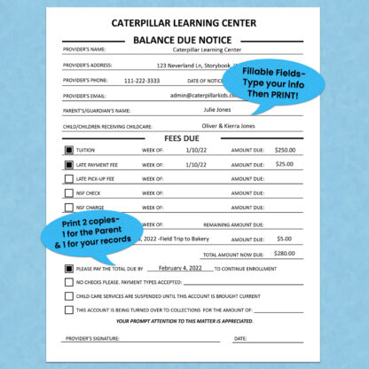 BALANCE DUE NOTICE Form Daycare or Child Care Printable, Childcare Template, Instant Download, Digital File, Fillable Fields - Image 2