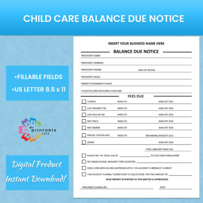 BALANCE DUE NOTICE Form Daycare or Child Care Printable, Childcare Template, Instant Download, Digital File, Fillable Fields