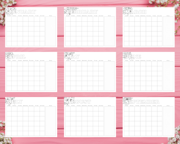 Monthly Blank Calendar - Blank Coloring Calendar, 11x8.5 inches, Horizontal Calendar, Simple Calendar, Minimalist Calendar, Floral Calendar - Image 2