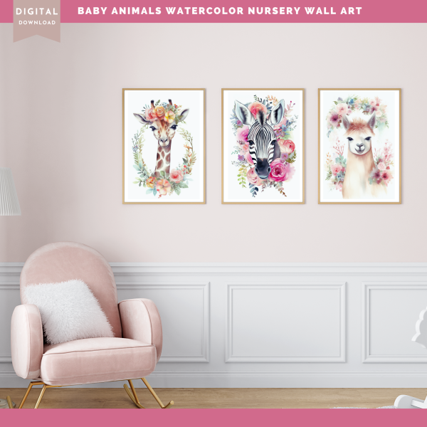 Printable Nursery WALL ART, Baby Animal Wall Art,Set of 3 Wall Art, Digital Wall Art Printable, Giraffe Art, Zebra Art, Llama Art, Baby Art - Image 2