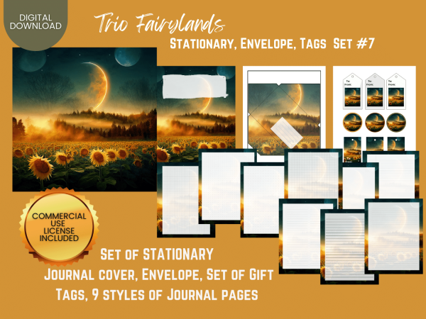 COMMERCIAL Use Printable Journal Cover, Tags, 9 Styles of Journal Pages - Trio Fairyland - Set #007 - US Letter - Digital Download for PLR