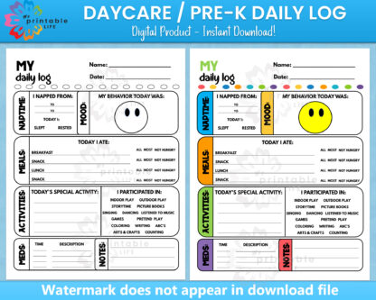 Daycare Daily Log Printable Report Tracker for Pre-K