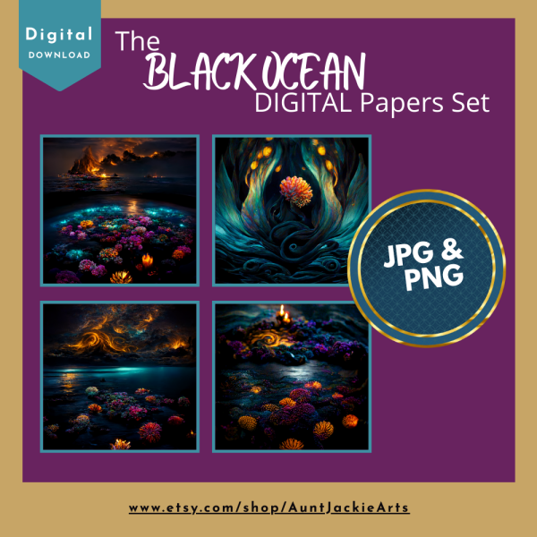 Black Ocean - DIGITAL PAPER Bundle - Black Ocean Digital Paper - Majestic Black Ocean Bioluminescent - Papers Pack 12 - 12x12 - jpg png - 5000px Abstract - Image 3