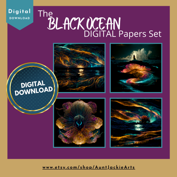 Black Ocean - DIGITAL PAPER Bundle - Black Ocean Digital Paper - Majestic Black Ocean Bioluminescent - Papers Pack 12 - 12x12 - jpg png - 5000px Abstract - Image 4